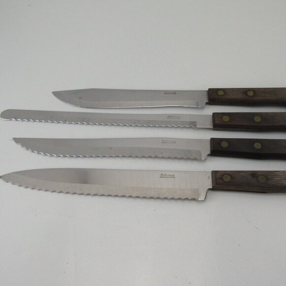 Vintage Robinson Stainless Steel Knives Set of 4 w/Wooden Handles Gold Rivets - Picture 1 of 7